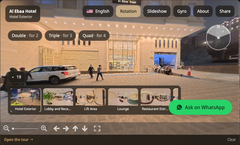 One tap and the guest walks the hotel: room types along the top, every filmed room below, and your contact button on top of it all.